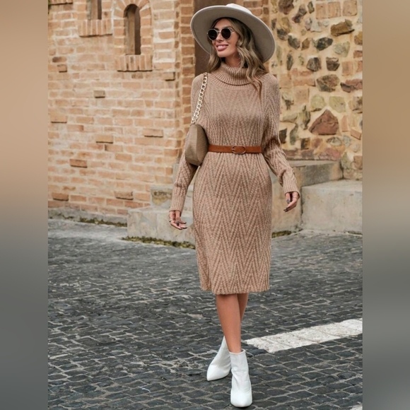 New Boho Chevron Knit Turtleneck Sweater Dress Camel Tan Beige - Picture 2 of 7